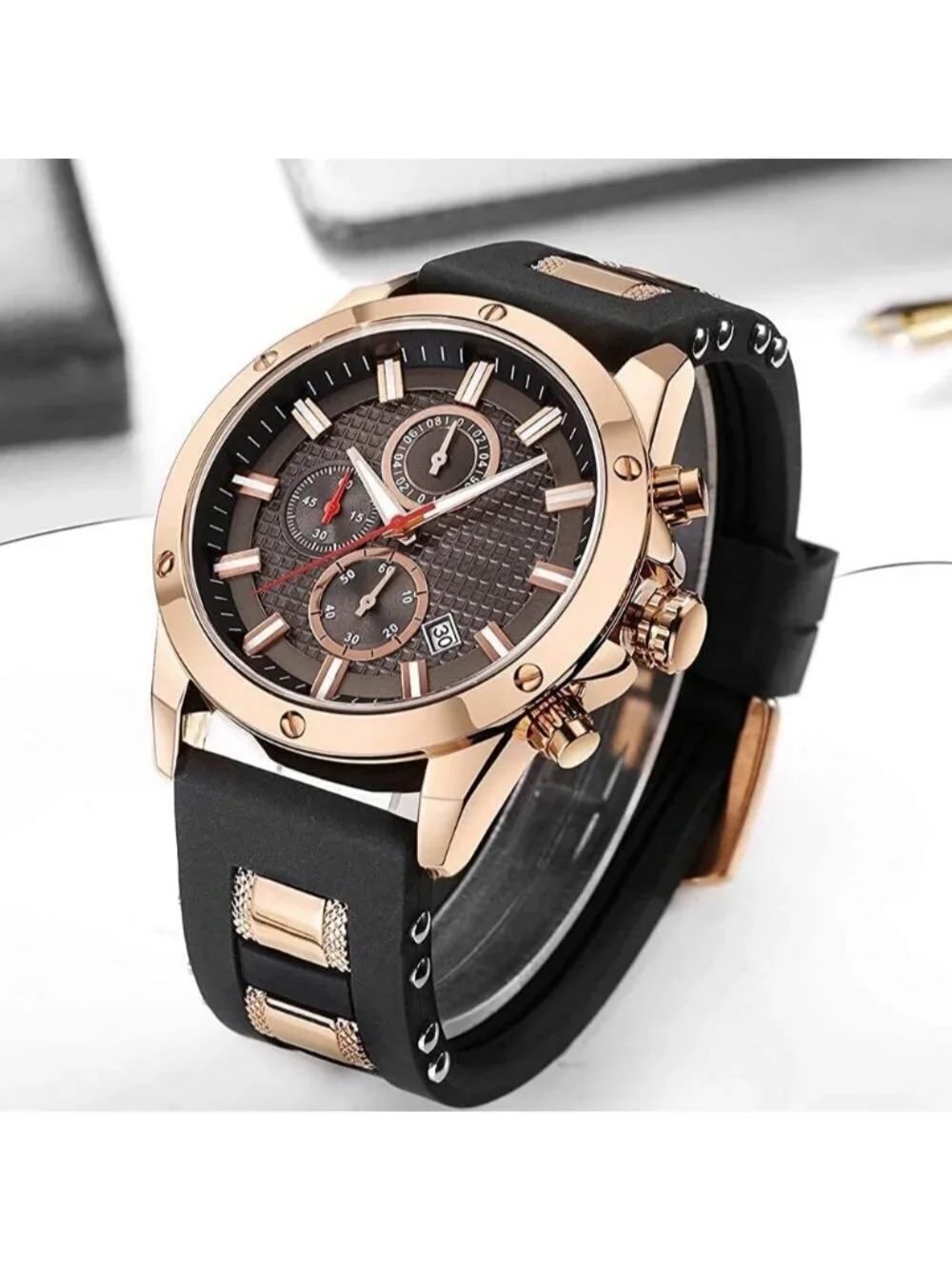 Men's Black Rose Gold Analog Waterproof Chronograph Classic Stylish Casual Watch
